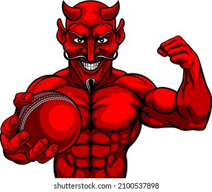 A devil Satan cricket sports mascot cartoon character man holding a ball