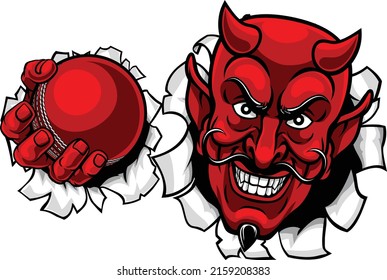 A devil or satan cricket sports mascot cartoon character holding a ball 
