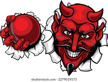 A devil or satan cricket sports mascot cartoon character holding a ball 