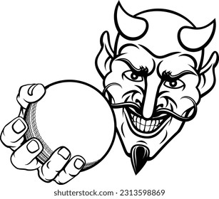 A devil or satan cricket sports mascot cartoon character holding a ball 