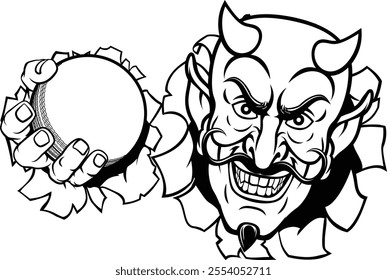 A devil or satan cricket sports mascot cartoon character holding a ball 