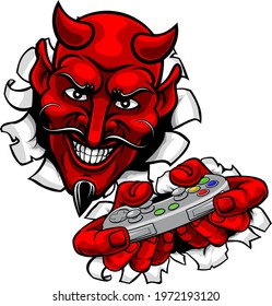 A devil or satan gamer mascot holding video game controller playing games cartoon character