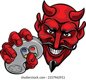 A devil or satan gamer mascot holding video game controller playing games cartoon character