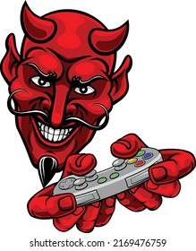A devil or satan gamer mascot holding video game controller playing games cartoon character