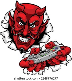 A devil or satan gamer mascot holding video game controller playing games cartoon character