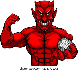 A devil Satan golf sports mascot cartoon character man holding a ball