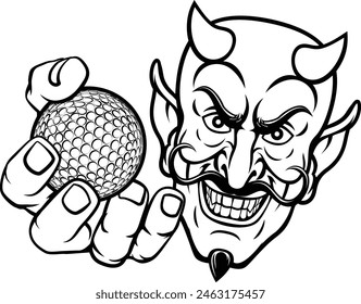 A devil or satan golf sports mascot cartoon character holding a ball 