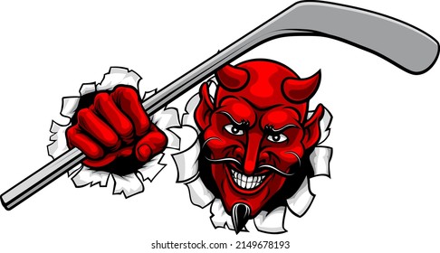 A devil or satan ice hockey sports mascot cartoon character holding a stick
