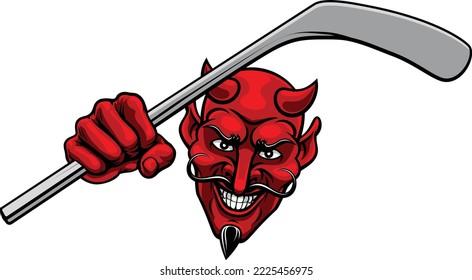 A devil or satan ice hockey sports mascot cartoon character holding a stick
