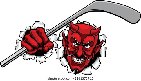 A devil or satan ice hockey sports mascot cartoon character holding a stick
