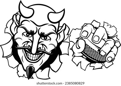 A devil or satan ice hockey sports mascot cartoon character holding a puck
