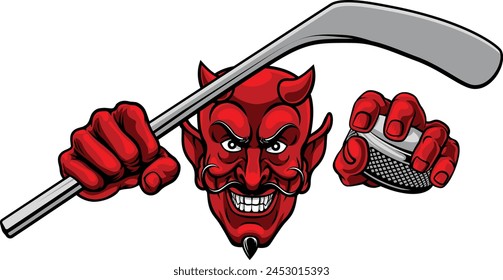 A devil or satan ice hockey sports mascot cartoon character holding a puck and stick