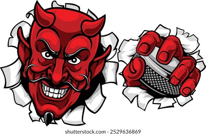 Ein Teufel oder satan Eishockey Sport Maskottchen Cartoon-Figur, die einen Puck
