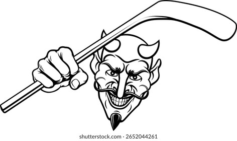 Um personagem de desenho animado de mascote de hóquei no gelo do diabo ou satanás segurando um bastão

