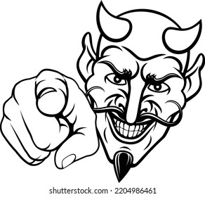 Devil satan mascot cartoon character pointing at the viewer in a needs or wants you gesture