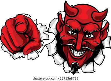 Devil Satan Mascot Cartoon-Charakter, der auf den Betrachter zeigt in einem Bedürfnis oder will, dass Sie Gesten