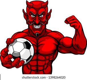 A devil Satan Soccer Football sports mascot cartoon character man holding a ball