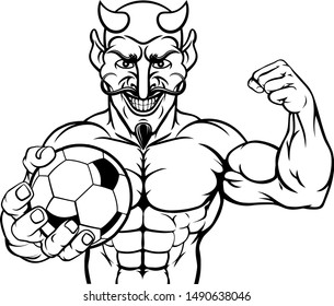 A devil Satan Soccer Football sports mascot cartoon character man holding a ball