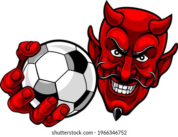 A devil or satan soccer football sports mascot cartoon character holding a ball 