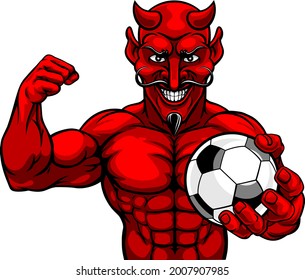 A devil Satan Soccer Football sports mascot cartoon character man holding a ball