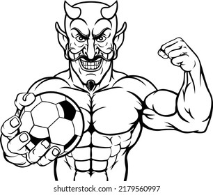 Ein Teufel Satan Soccer Football Sport Maskottchen Zeichentrickfigur Mann, der einen Ball hält