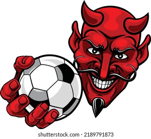 A devil or satan soccer football sports mascot cartoon character holding a ball 