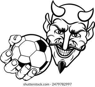 A devil or satan soccer football sports mascot cartoon character holding a ball 