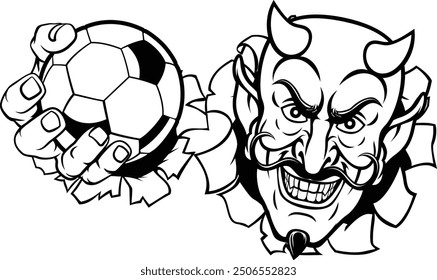 Un personaje de dibujos animados de mascotas de deportes de fútbol de diablo o satanás sosteniendo una pelota 