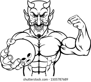 A devil Satan ten pin bowling sports mascot cartoon character man holding a ball