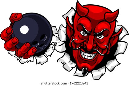 A devil or satan ten pin bowling sports mascot cartoon character holding a ball 
