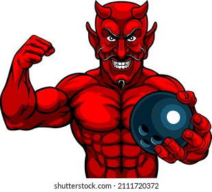 A devil Satan ten pin bowling sports mascot cartoon character man holding a ball