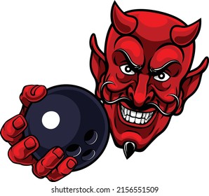 A devil or satan ten pin bowling sports mascot cartoon character holding a ball 
