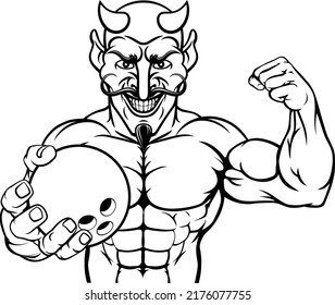 A devil Satan ten pin bowling sports mascot cartoon character man holding a ball