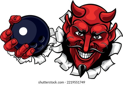 A devil or satan ten pin bowling sports mascot cartoon character holding a ball 
