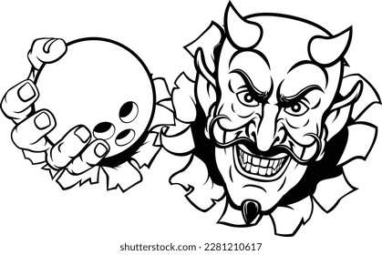 A devil or satan ten pin bowling sports mascot cartoon character holding a ball 
