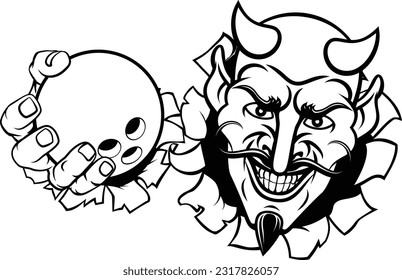 A devil or satan ten pin bowling sports mascot cartoon character holding a ball 
