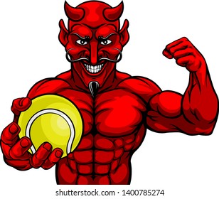 A devil Satan tennis sports mascot cartoon character man holding a ball