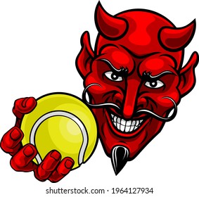 A devil or satan tennis sports mascot cartoon character holding a ball 