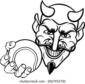A devil or satan tennis sports mascot cartoon character holding a ball 