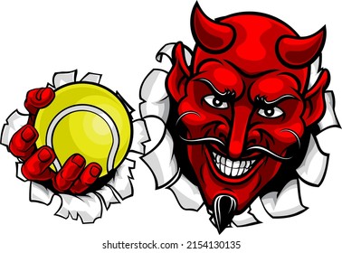 A devil or satan tennis sports mascot cartoon character holding a ball 