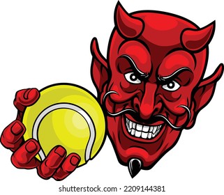 A devil or satan tennis sports mascot cartoon character holding a ball 