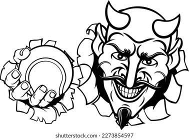 A devil or satan tennis sports mascot cartoon character holding a ball 