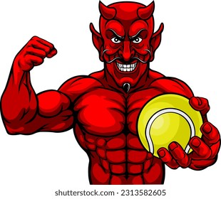 A devil Satan tennis sports mascot cartoon character man holding a ball