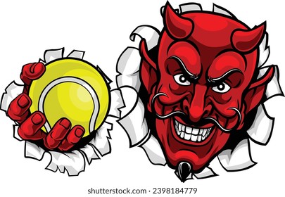 A devil or satan tennis sports mascot cartoon character holding a ball 