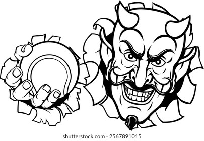 A devil or satan tennis sports mascot cartoon character holding a ball 