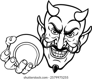 A devil or satan tennis sports mascot cartoon character holding a ball 