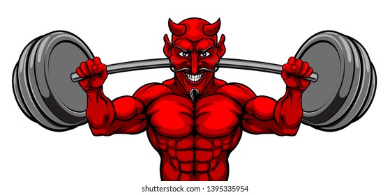 A devil Satan weight lifter body builder sports mascot lifting a big barbell