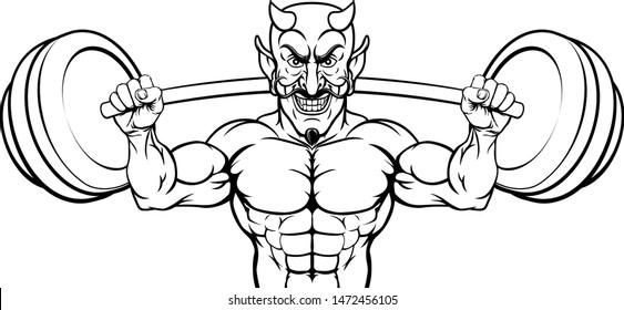 A devil Satan weight lifter body builder sports mascot lifting big barbell