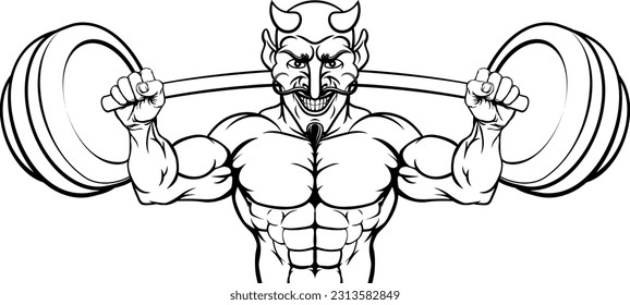 A devil Satan weight lifter body builder sports mascot lifting a big barbell