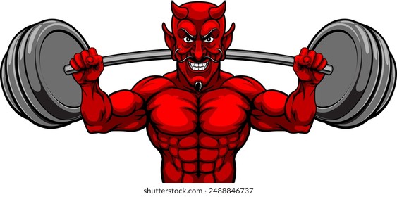 Ein Teufel Satan Gewichtheber Body Builder Sport Maskottchen hebt eine große Langhantel